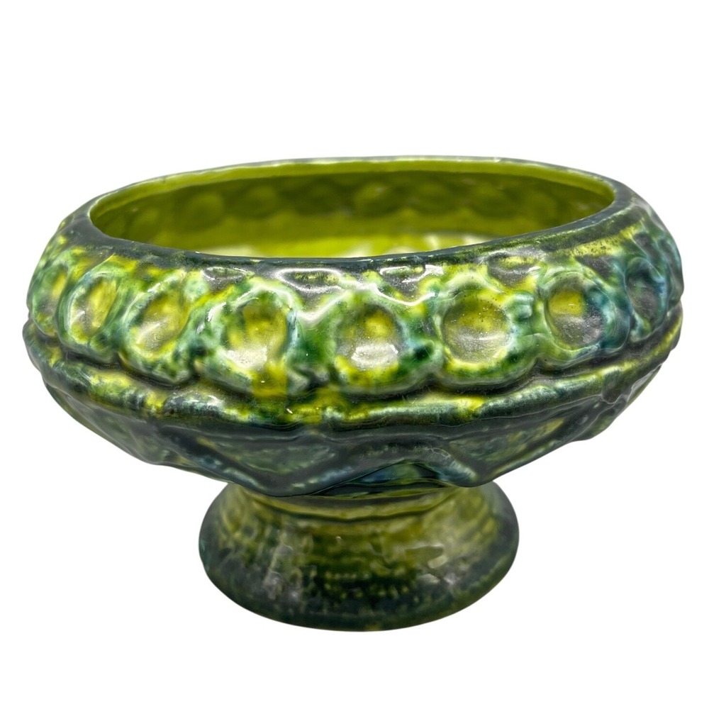 Vtg MCM Napcoware Green & BluePottery Planter Spiral Textured Pedestal